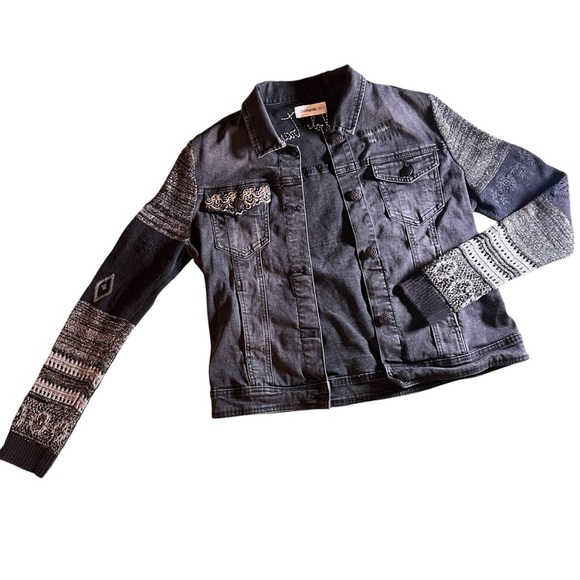 Desigual Dark Denim “Global Traveler” Jacket, Sequins Embroidered Lace Size 44 - Picture 1 of 15